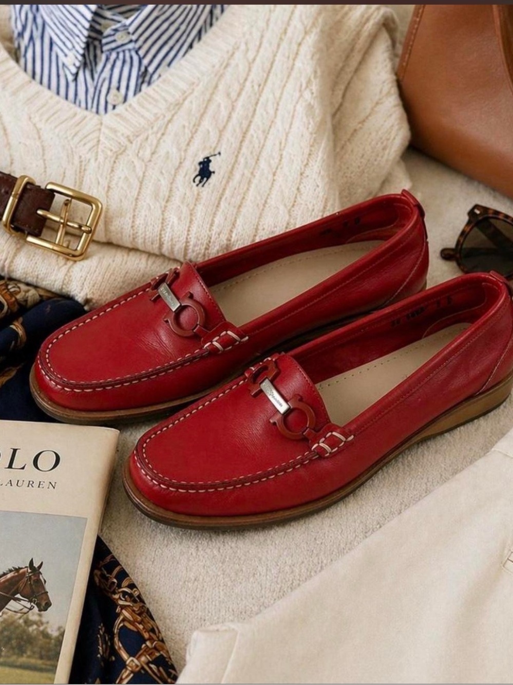 Salvatore Ferragamo Red Leather Horsebit Loafers